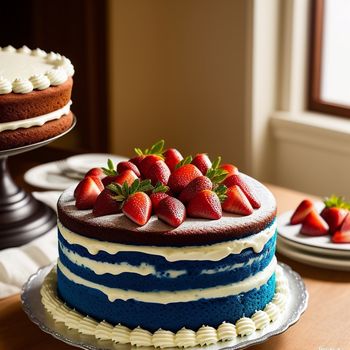 cake with strawberries on top of it on a table next to a cake plate with a cake on it