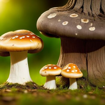 group of mushrooms sitting on top of a lush green field next to a tree trunk and a mushroom covered tree trunk