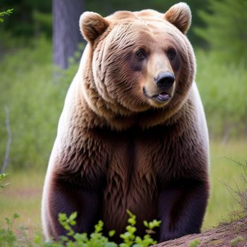 large brown bear standing on top of a lush green field next to a forest filled with trees and bushes