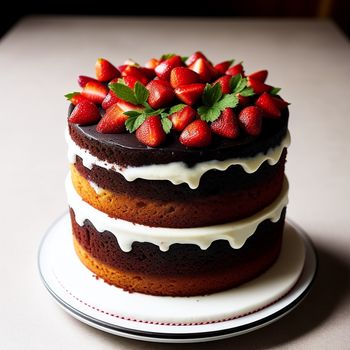 chocolate cake with strawberries on top of it on a plate on a table with a white tablecloth