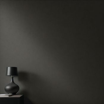 lamp on a table next to a dark wall and a black cabinet with a white drawer underneath it