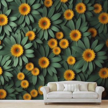 couch sitting in front of a wall with a bunch of sunflowers on it's side