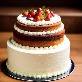 three layer cake with strawberries on top of it on a table with a wooden table topper