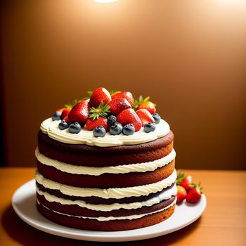 cake with strawberries and blueberries on top of it on a plate on a table with a light