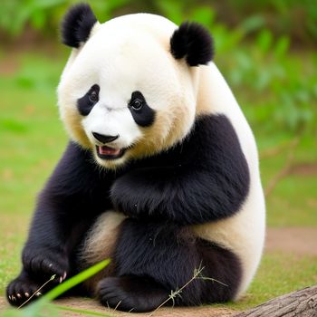 panda bear sitting on the ground with its paws on a tree branch and looking at the camera with a smile