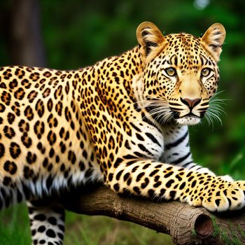 leopard is sitting on a tree branch in the grass and looking at the camera with a serious look on his face