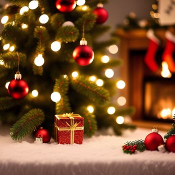 christmas tree with a lit fireplace and presents under it in front of a christmas tree with lights and a fireplace