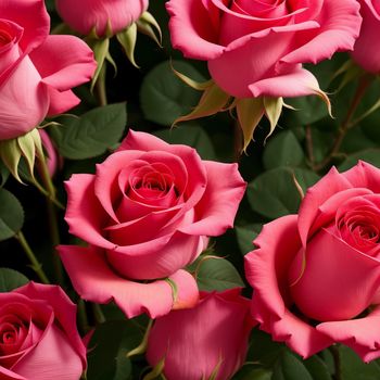 bunch of pink roses with green leaves on them and a red center surrounded by green leaves and buds