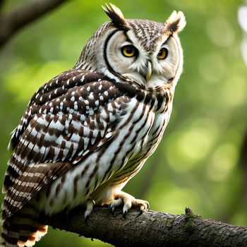 close up of a owl on a branch with trees in the background and a blurry background of leaves