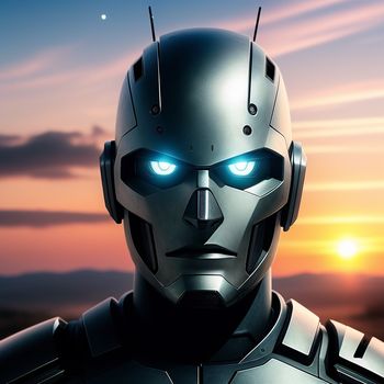 robot with glowing eyes standing in front of a sunset with a sky background and a distant star in the distance