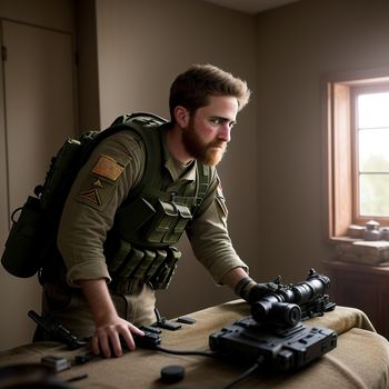 man in a uniform is looking at a camera on a table with a camera on it and a camera on the table