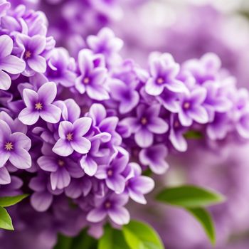 bunch of purple flowers with green leaves on them and a blurry background of purple flowers in the background