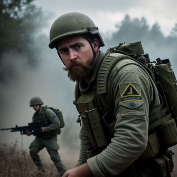 man with a beard and a beard wearing a military uniform and holding a gun in his hand while another man in a field with a beard and a helmet