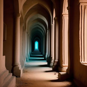 long hallway with a light at the end of it and a blue light at the end of the tunnel