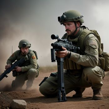 two soldiers crouching down with guns in their hands and one soldier crouching down with a gun in his hand