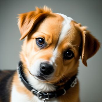 brown and white dog with a black collar looking at the camera with a sad look on his face