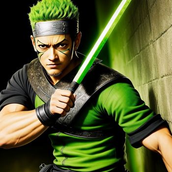 man with green hair holding a green sword and wearing a green shirt and black pants with a green belt