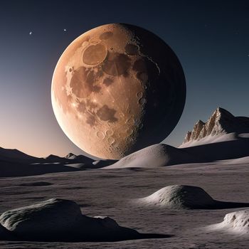 large moon is in the sky over a desert area with mountains and snow covered hills in the foreground