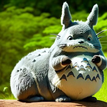 gray and white stuffed animal sitting on a rock in the grass with trees in the background and a green bush