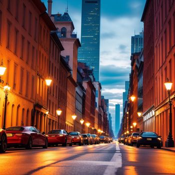 city street with cars parked on both sides of it at night time with a tall building in the background