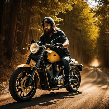 man riding a motorcycle down a dirt road in the woods with trees in the background and a sunlit forest