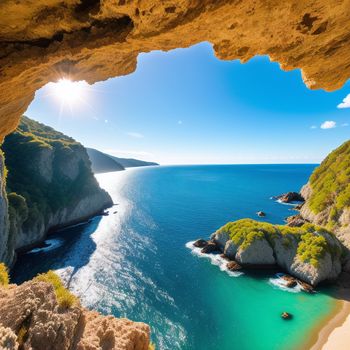 view of a beach from a cave in the ocean with a bright sun in the sky above it