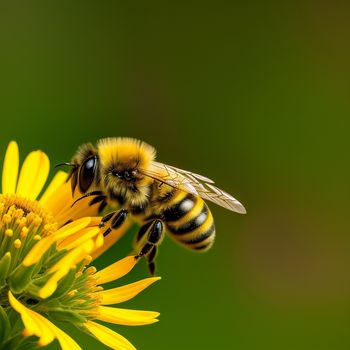 bee is flying over a yellow flower with a green background and a blurry background behind it is a yellow flower with a bee on it