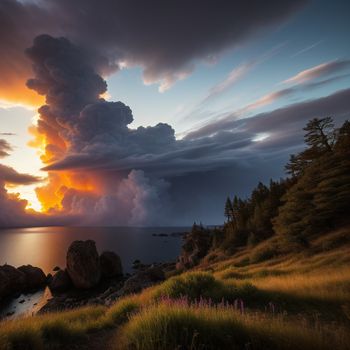 large cloud is coming over a body of water at sunset or sunset time with a few clouds in the sky