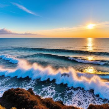 sunset over the ocean with a wave crashing in front of it and the sun setting over the ocean