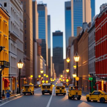 city street with a lot of traffic on it and tall buildings in the background with lights on the sides