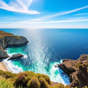 beach with a body of water and a cliff face in the distance with a blue sky and clouds