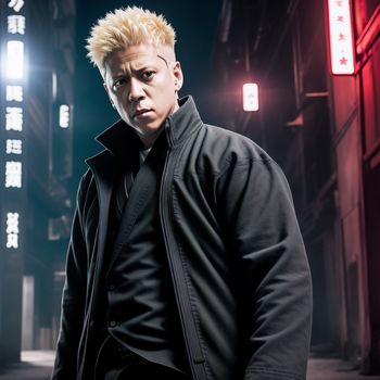 man with blonde hair standing in a dark alley way with a red light behind him and a black jacket on