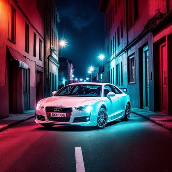 white car parked on the side of a street at night with red lights on it's sides