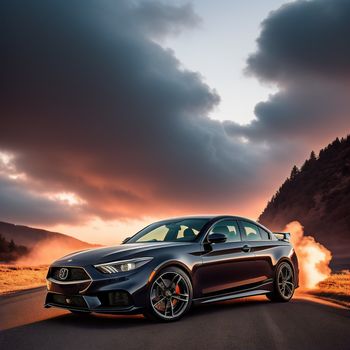 car driving down a road with a sky background and clouds in the background with a sun setting behind it