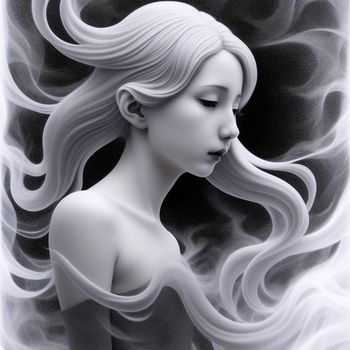 woman with long hair and a white dress with a black background and a white smoke swirl around her