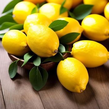 bunch of lemons with leaves on a wooden table top with a bowl of them on the table