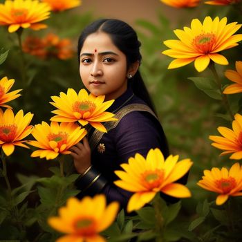 woman standing in a field of yellow flowers with a smile on her face and a black shirt on