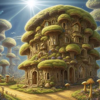 painting of a house with a lot of mushrooms on it's roof and a pathway leading to it