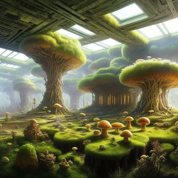 painting of a forest with mushrooms and trees in it's center of the room is a huge window