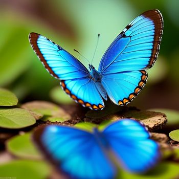blue butterfly sitting on top of a leaf covered ground with green leaves around it and a green background