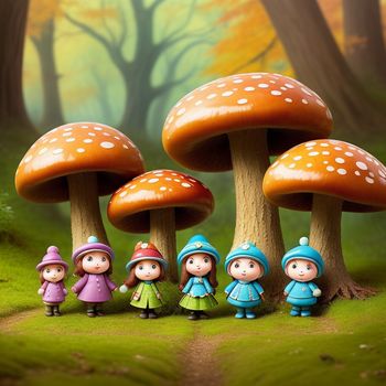 group of little people standing in front of mushrooms in a forest with trees and grass in the background