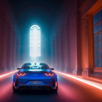 blue sports car driving through a tunnel with a bright light coming from the window behind it and a bright light coming from the window