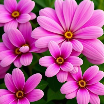 bunch of pink flowers with yellow centers in a garden setting