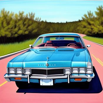 painting of a blue car driving down a road with trees in the background and a pink road with a yellow line