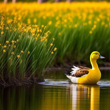 duck is swimming in a pond with yellow flowers in the background and a grassy area with yellow flowers