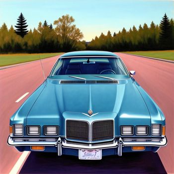 painting of a blue car on a road with trees in the background and a sky background with a few clouds