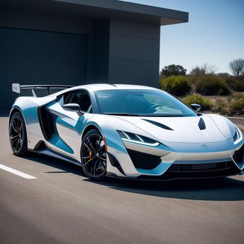 white and blue sports car driving down a street next to a building with a garage door open on the side