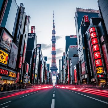 street with a very tall tower in the background and many signs on the buildings around it and a few people standing on the sidewalk