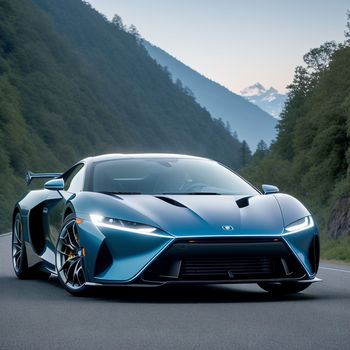 blue sports car driving down a road near a mountain range with a forest in the background and a mountain range in the background
