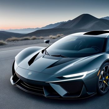 black sports car driving down a road near mountains and hills in the background